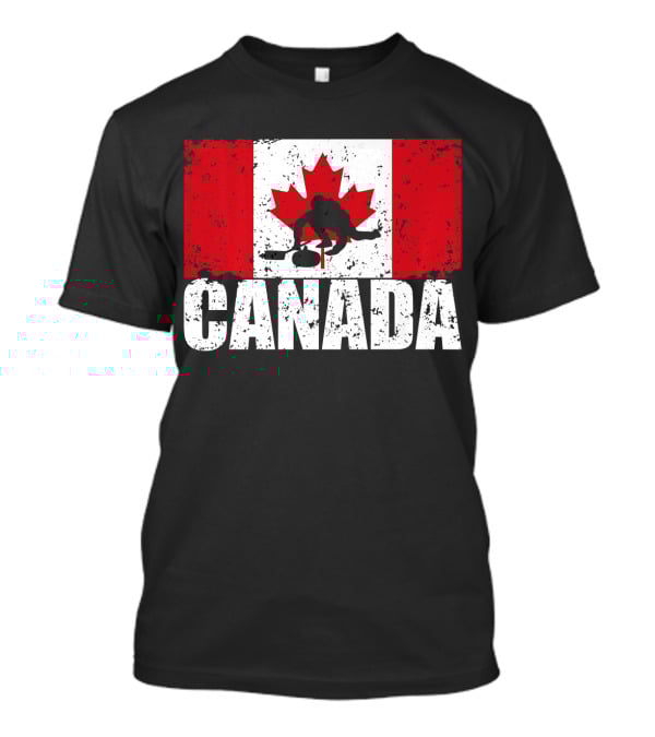 Canadian Flag Curling Silhouette Against Distressed Flag Design With Bold Canada Lettering T-Shirt