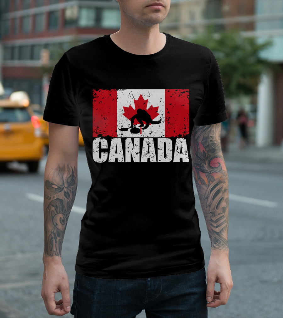 Canadian Flag Curling Silhouette Against Distressed Flag Design with Bold Canada Lettering T-Shirt