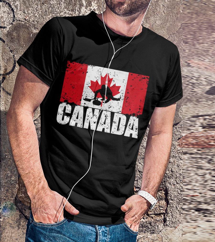 Canadian Flag Curling Silhouette Against Distressed Flag Design With Bold Canada Lettering T-Shirt