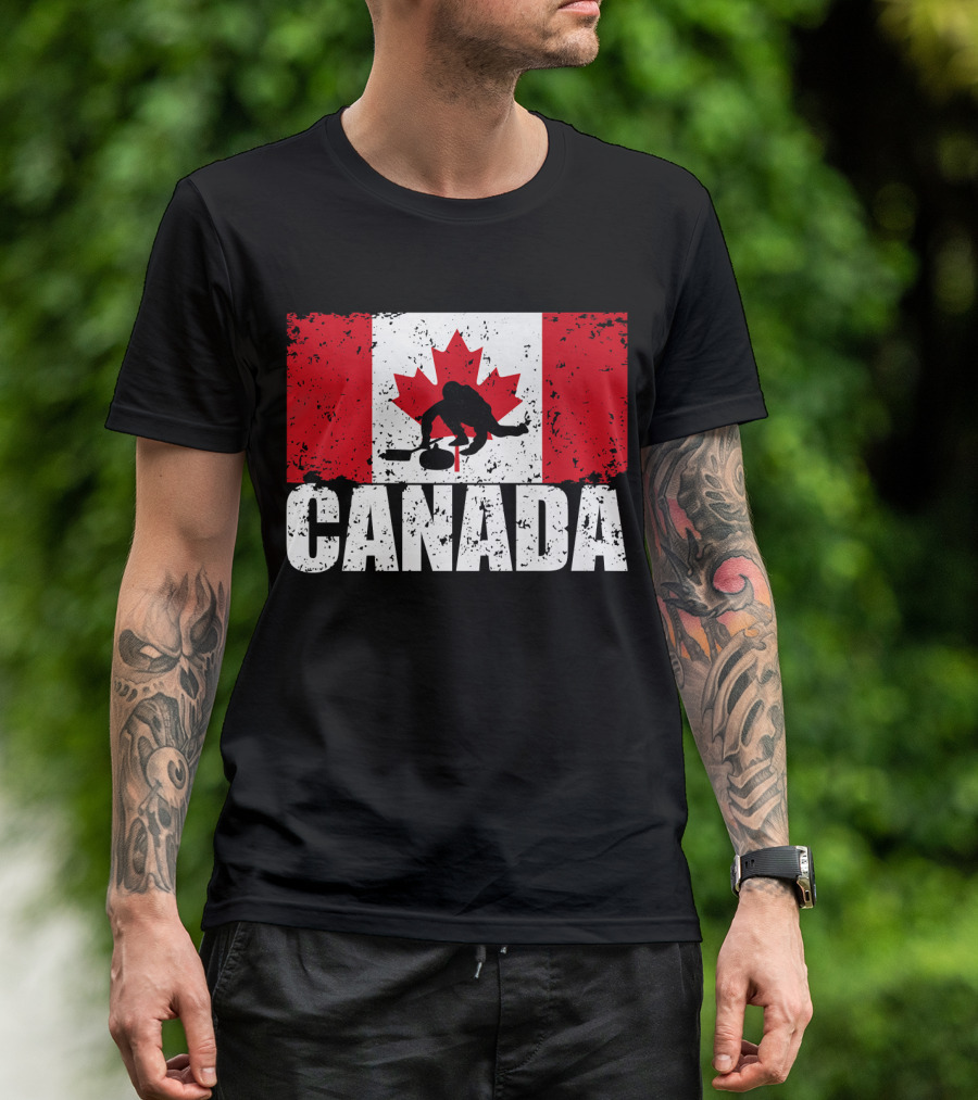 Canadian Flag Curling Silhouette Against Distressed Flag Design With Bold Canada Lettering T-Shirt