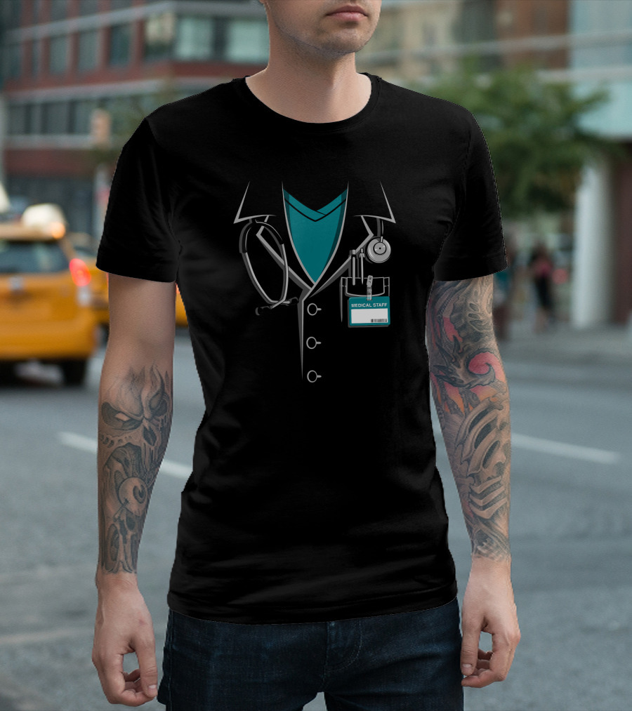 Medical Staff Doctor White Lab Coat with Stethoscope and ID Badge T-Shirt