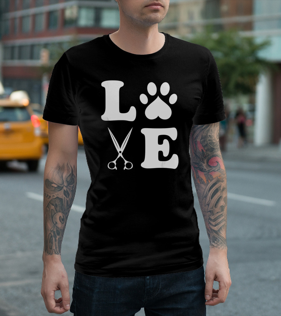 LOVE Dog Grooming with Scissors and Paw Prints T-Shirt