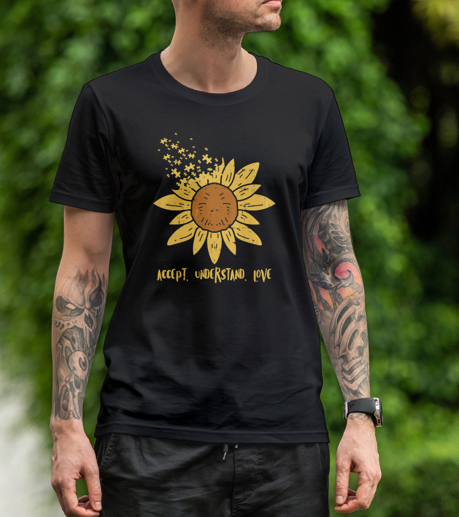 Accept Understand Love Sunflower With Blooming Petals And Falling Seeds T-Shirt