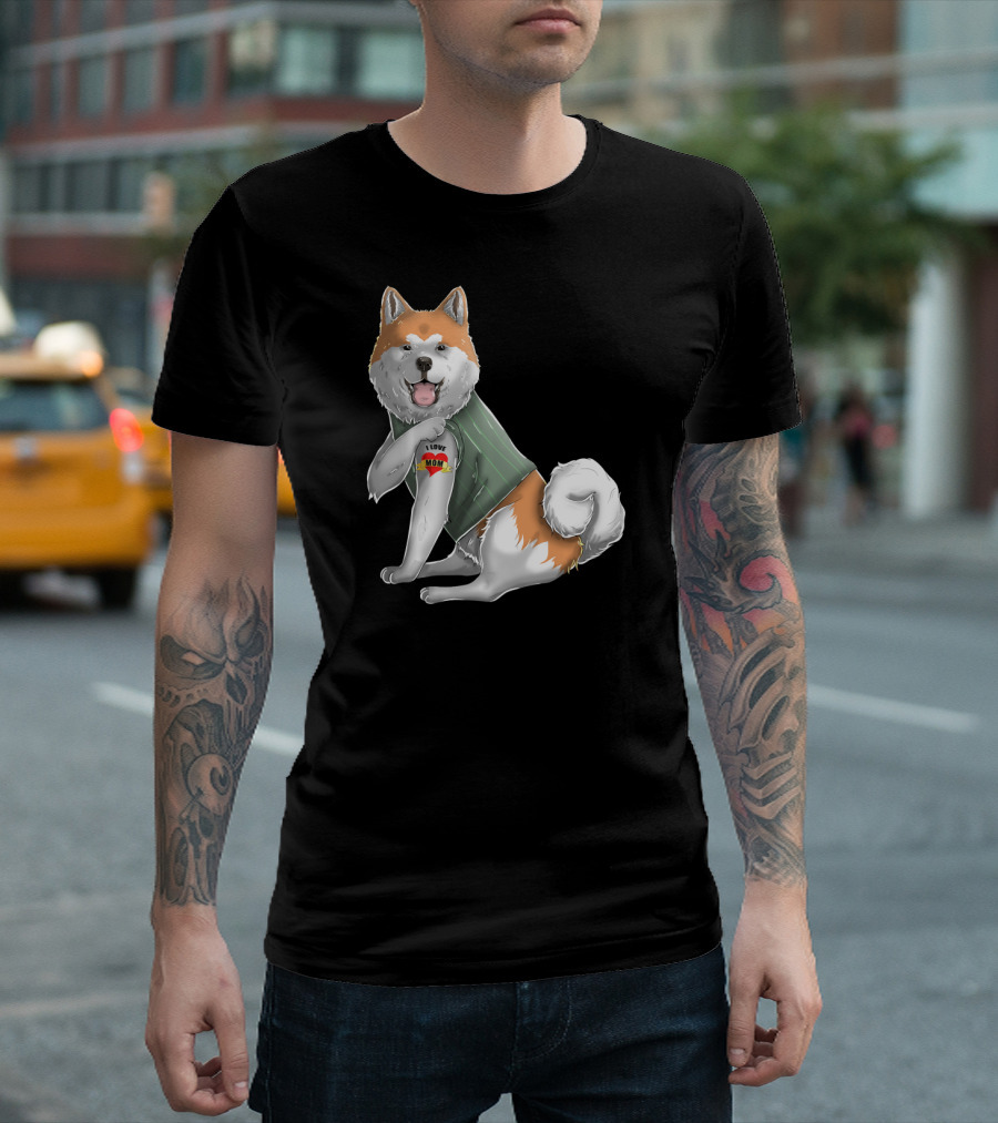 Akita Inu I Love Mom Tattoo Dog With Heart Tattoo Wearing Vest T-Shirt