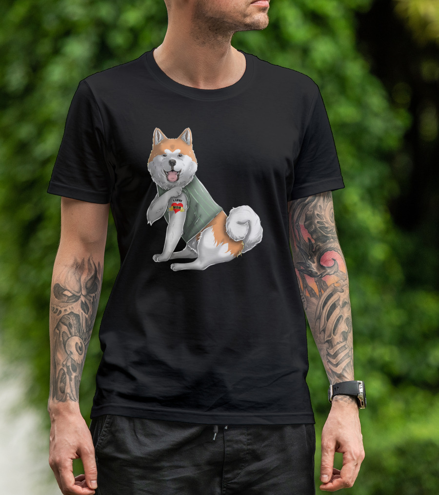 Akita Inu I Love Mom Tattoo Dog With Heart Tattoo Wearing Vest T-Shirt