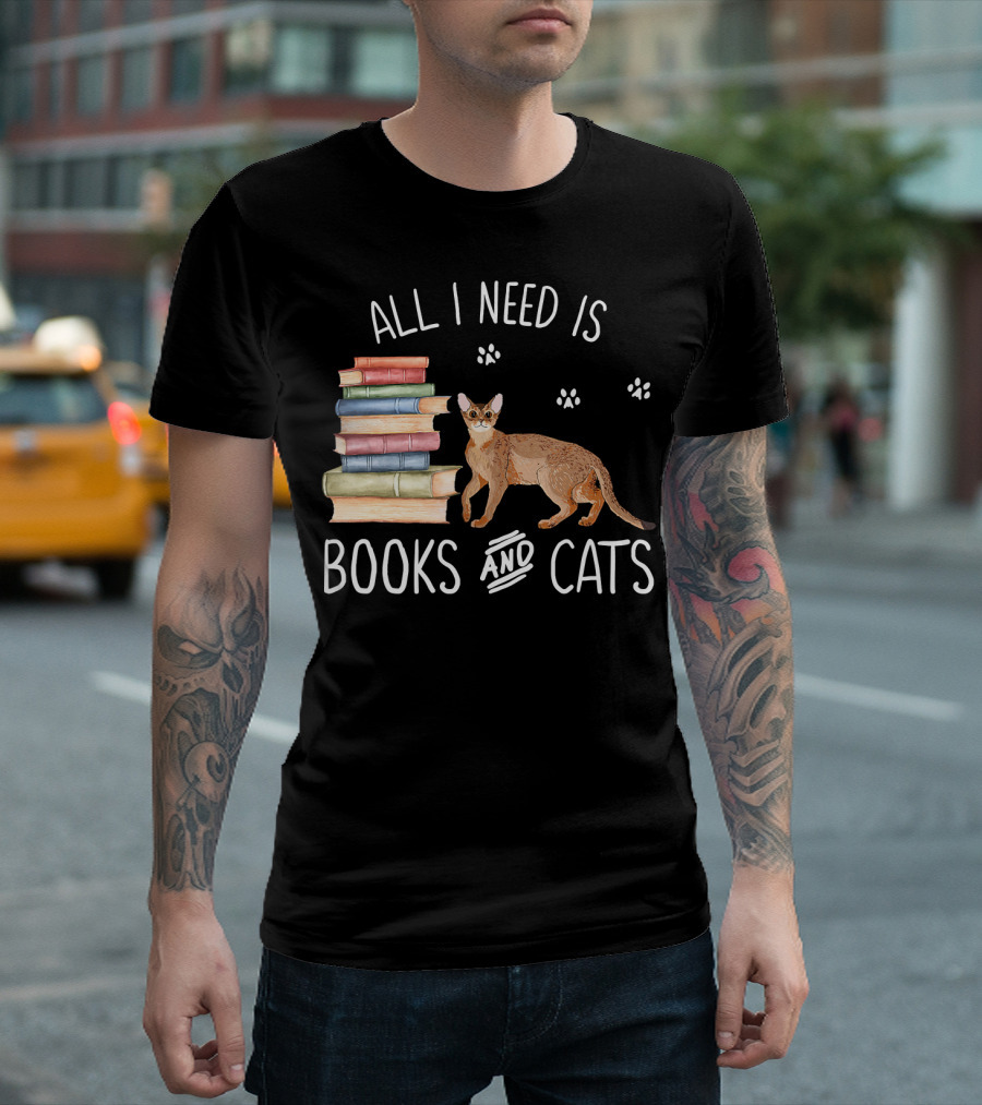 All I Need Is Books and Cats With Stack of Colorful Books and Cat Paws T-Shirt