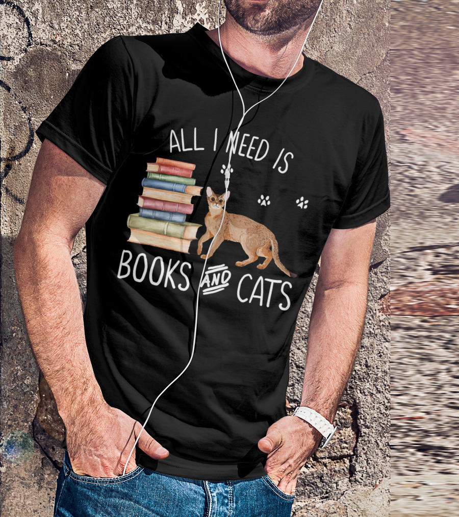 All I Need Is Books And Cats With Stack Of Colorful Books And Cat Paws T-Shirt