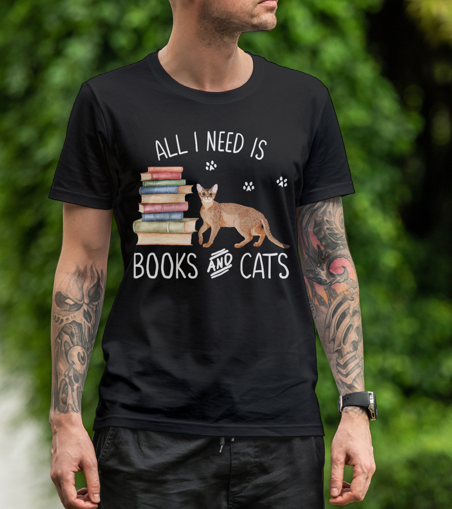 All I Need Is Books And Cats With Stack Of Colorful Books And Cat Paws T-Shirt