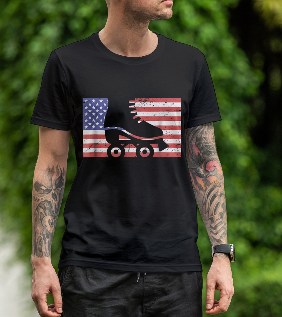 American Flag With Roller Skate T-Shirt