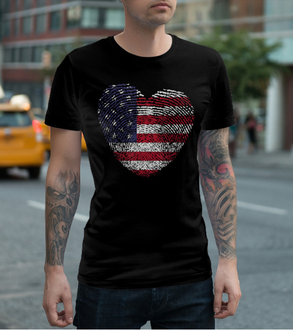American Flag Heart Shape Fingerprint T-Shirt