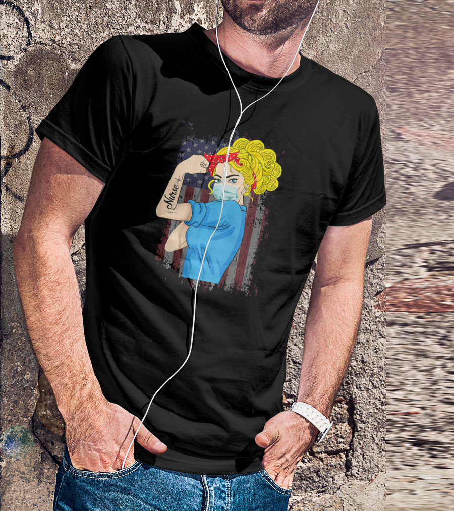 American Flag Nurse Strong Woman Tattoo Rosie Riveter T-Shirt