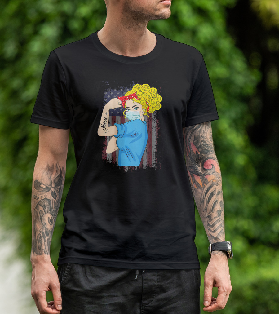 American Flag Nurse Strong Woman Tattoo Rosie Riveter T-Shirt