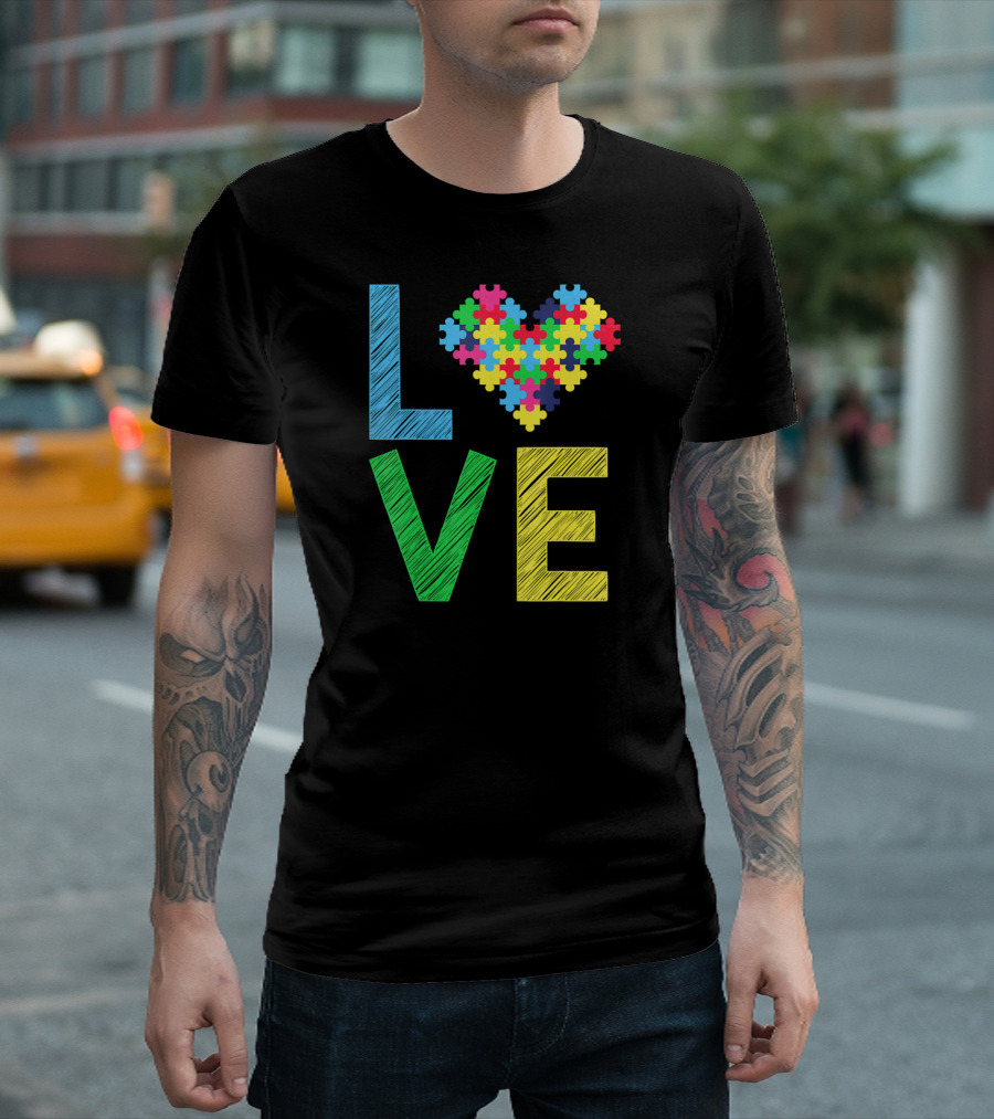 Autism Awareness Love Puzzle Heart Colorful Letters T-Shirt