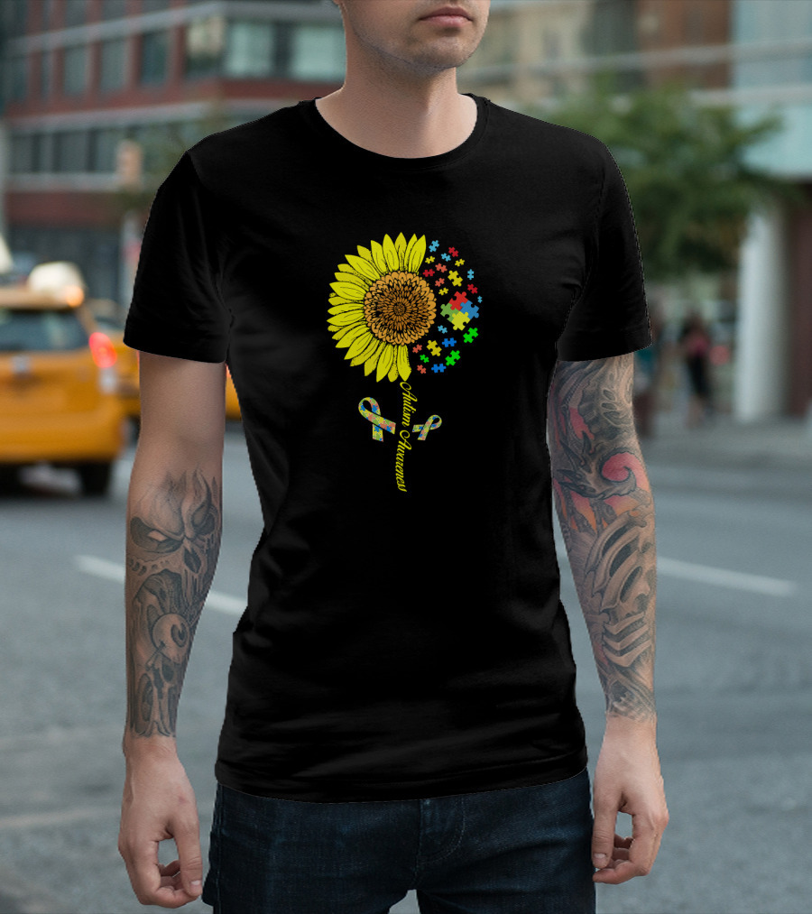 Autism Awareness Puzzle Ribbon Sunflower T-Shirt