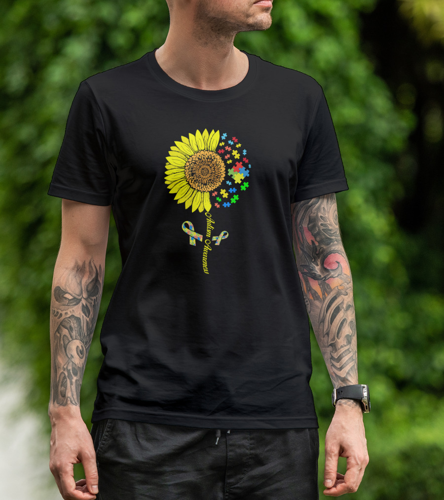 Autism Awareness Puzzle Ribbon Sunflower T-Shirt