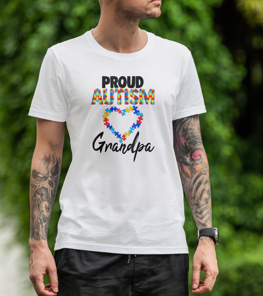 PROUD AUTISM GRANDPA Puzzle Heart T-Shirt