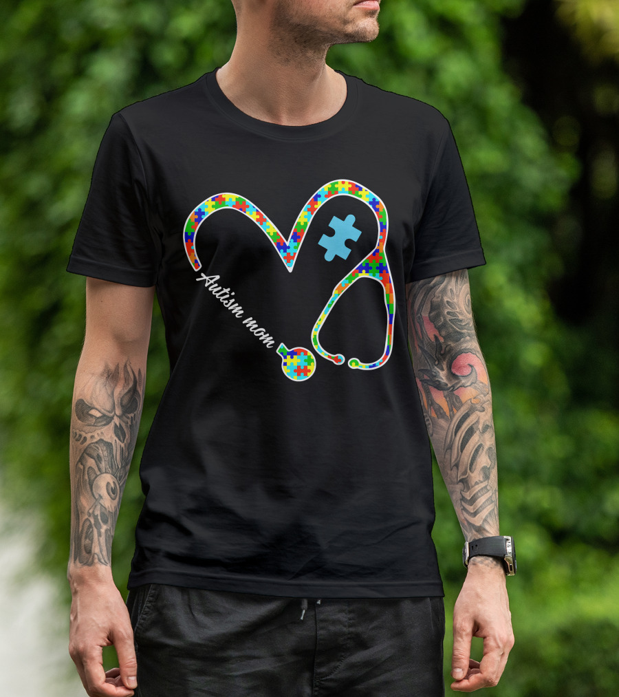 Autism Mom Puzzle Heart Stethoscope Nurse T-Shirt