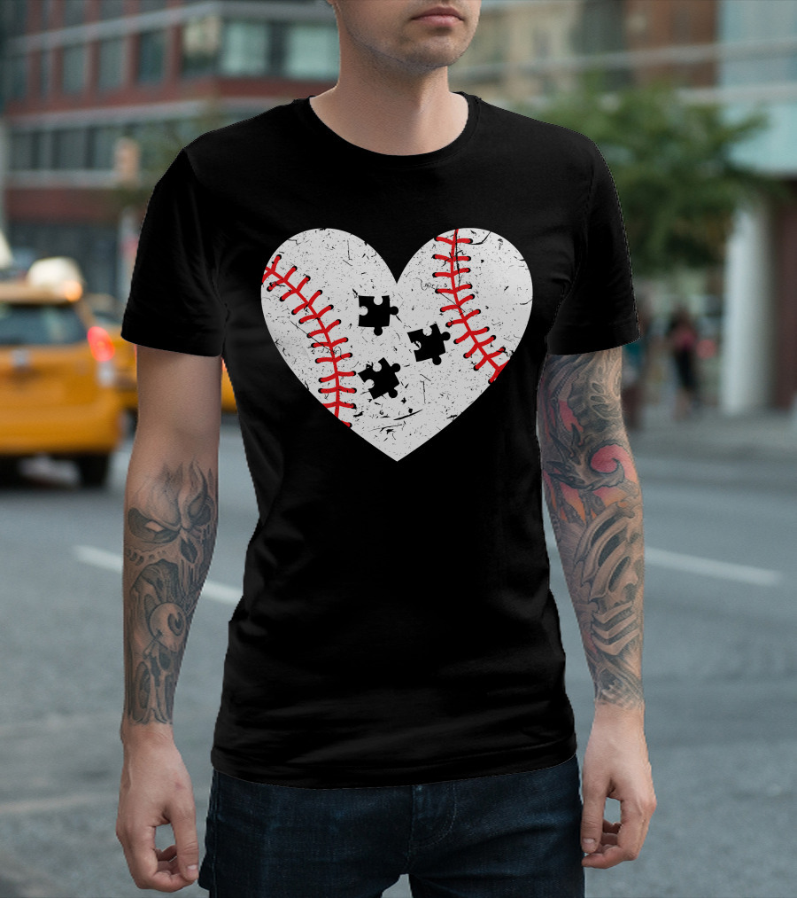 Baseball Heart Autism Puzzle Love T-Shirt