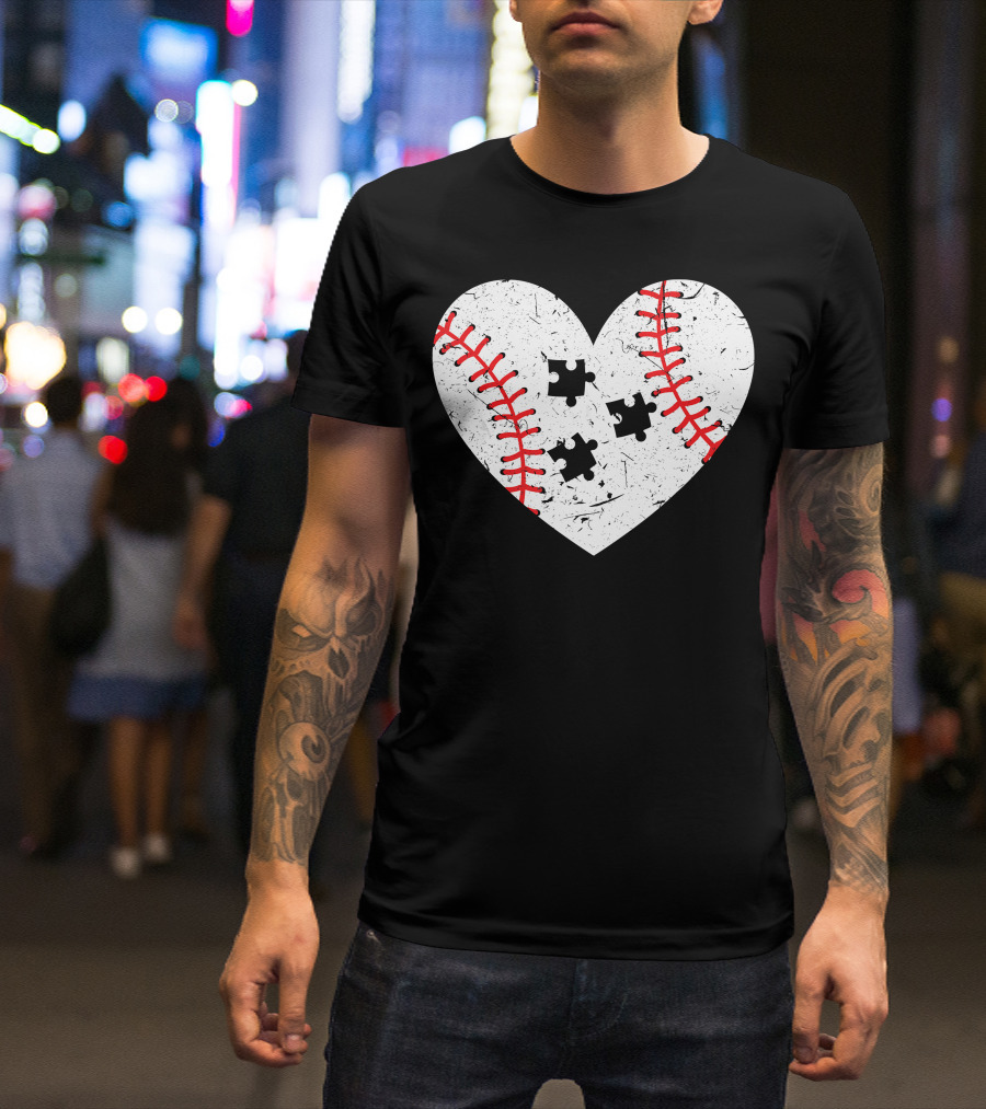 Baseball Heart Autism Puzzle Love T-Shirt