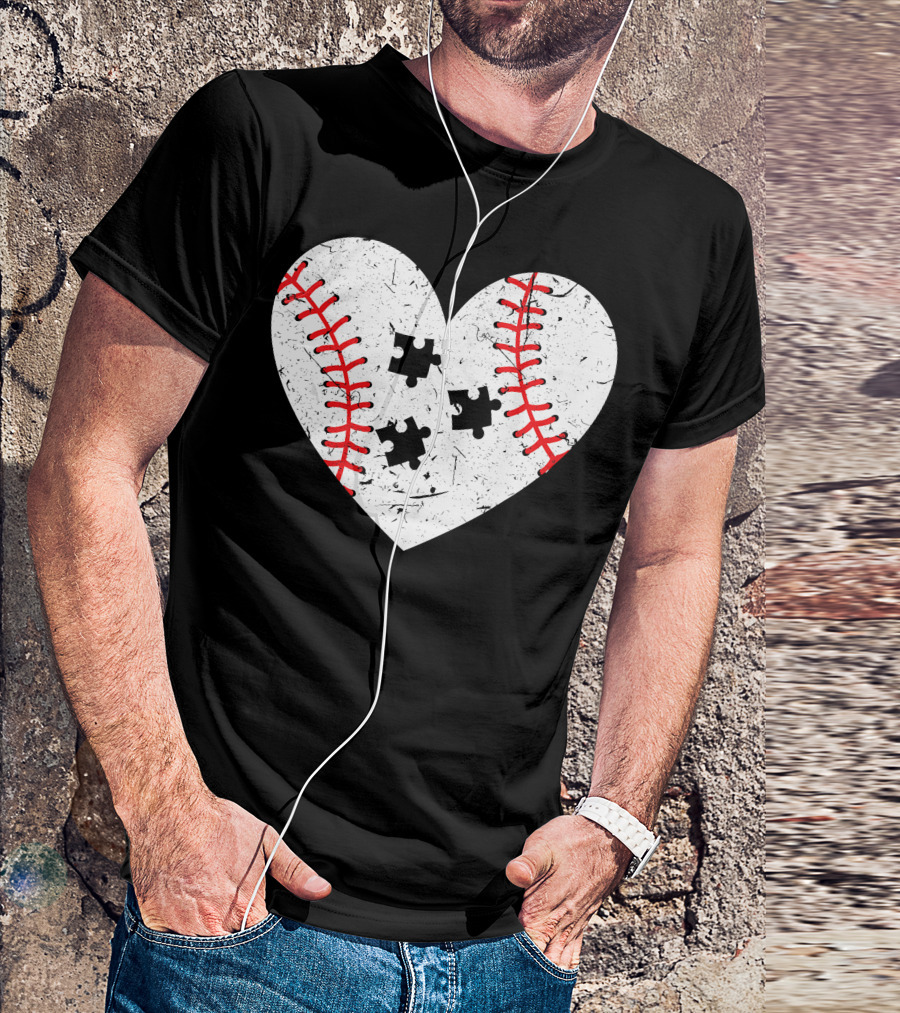 Baseball Heart Autism Puzzle Love T-Shirt