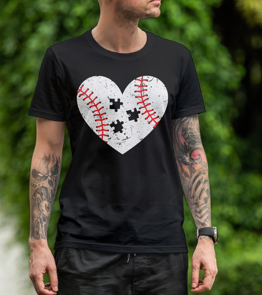 Baseball Heart Autism Puzzle Love T-Shirt
