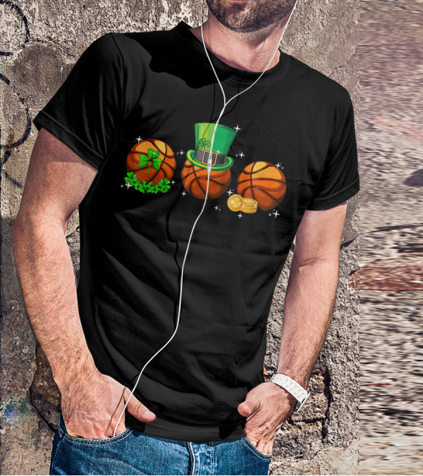 Basketball Trio With Leprechaun Hat Shamrocks And Gold Coins T-Shirt
