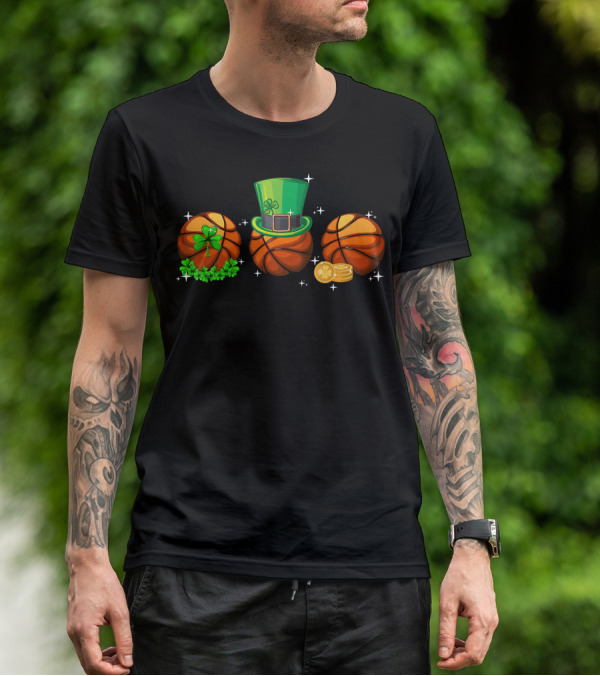 Basketball Trio With Leprechaun Hat Shamrocks And Gold Coins T-Shirt
