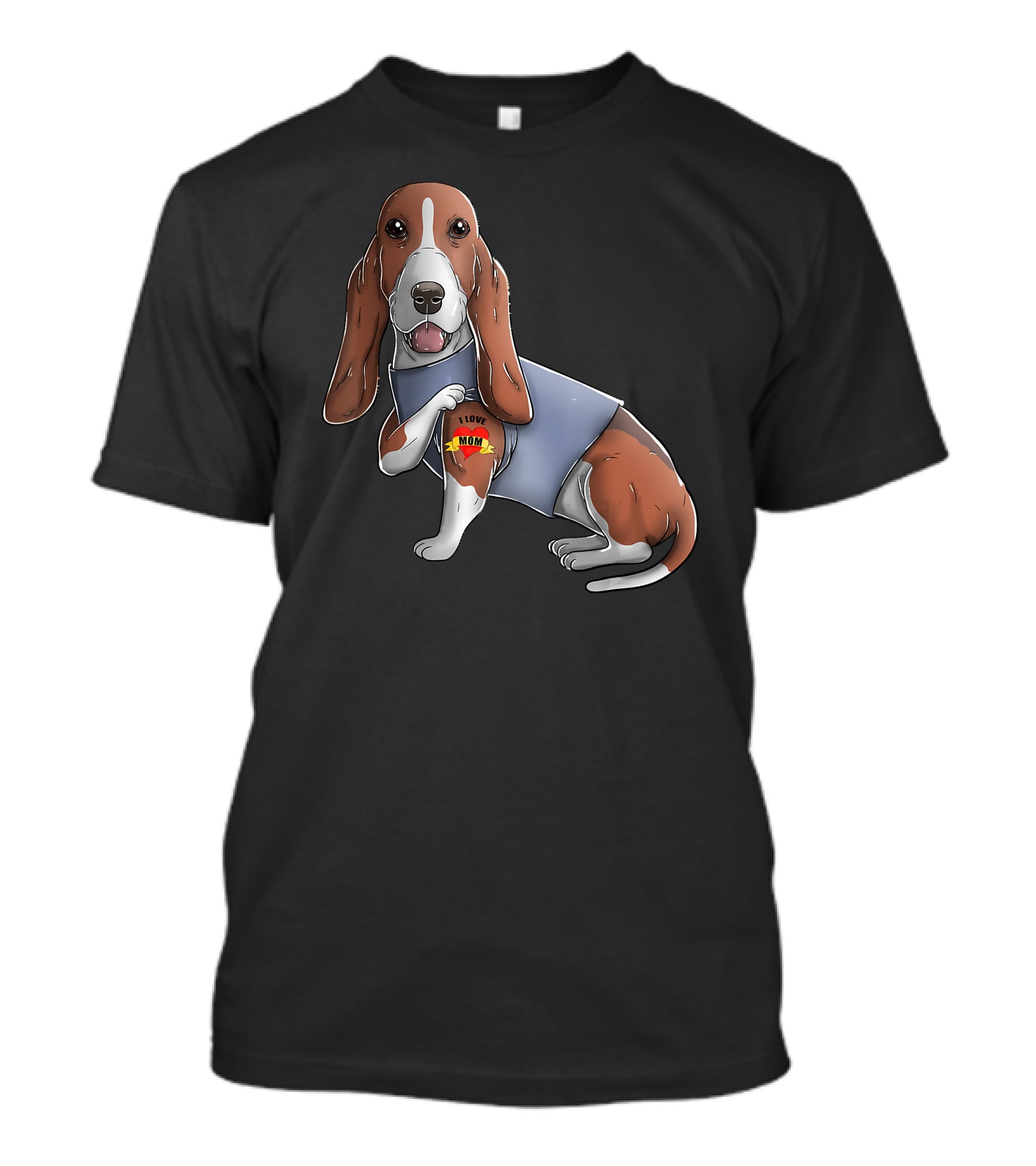 Basset Hound With I Love Mom Heart Tattoo T-Shirt