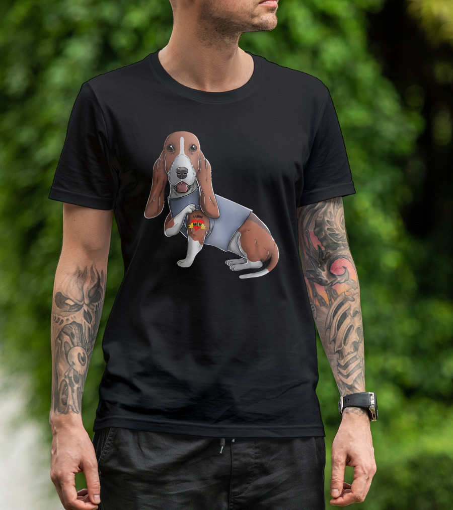 Basset Hound With I Love Mom Heart Tattoo T-Shirt