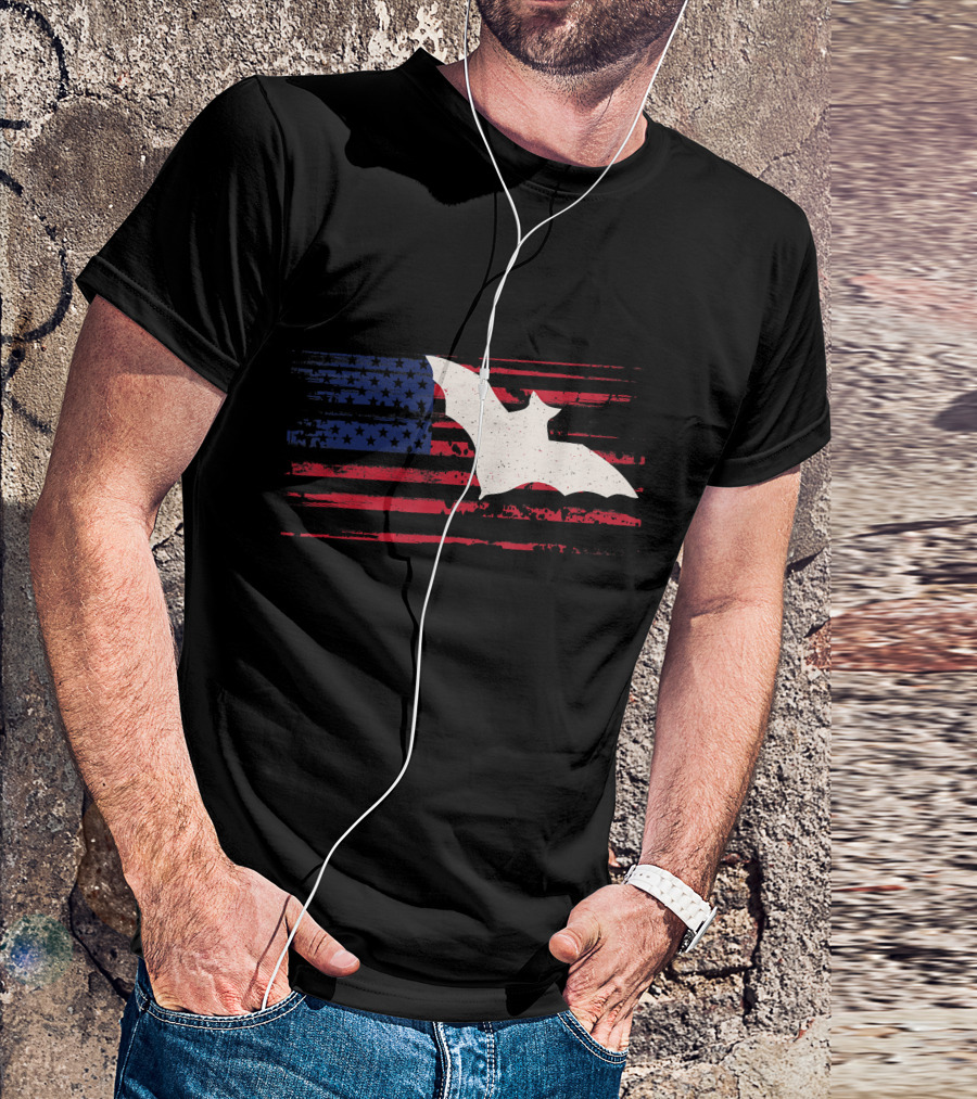 Bat Silhouette US American Flag Stripes And Stars T-Shirt