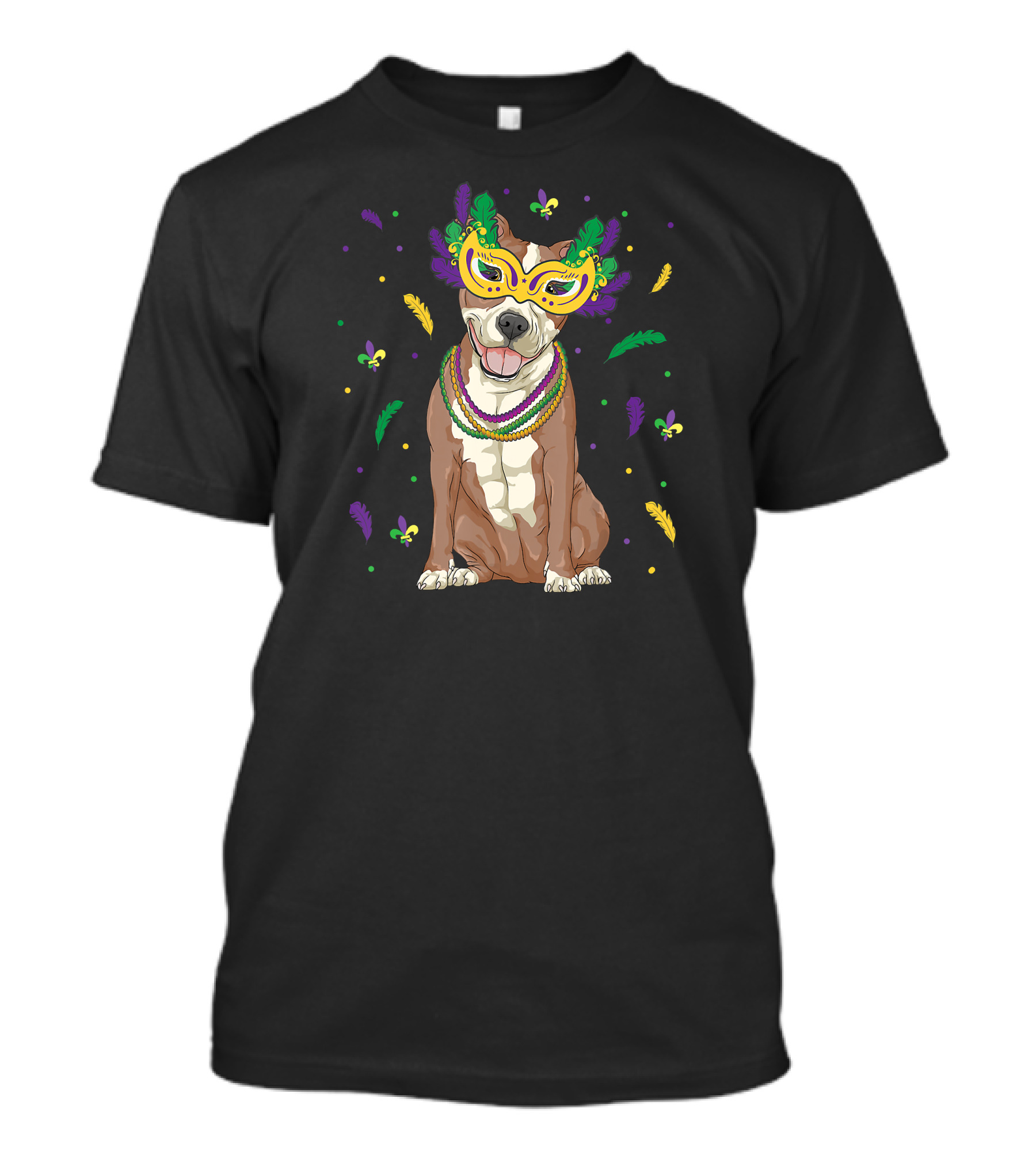 Mardi Gras Pitbull With Feathers And Beads Mask T-Shirt