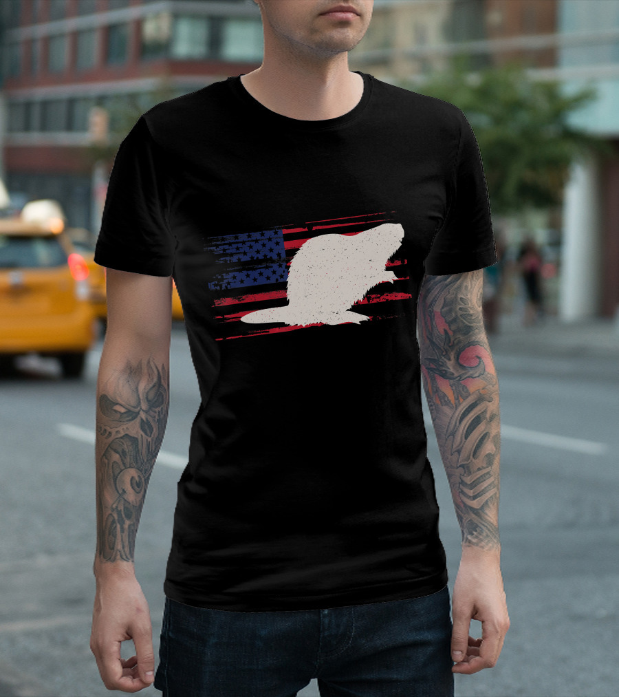 Beaver Silhouette Over Distressed US American Flag Rodent T-Shirt