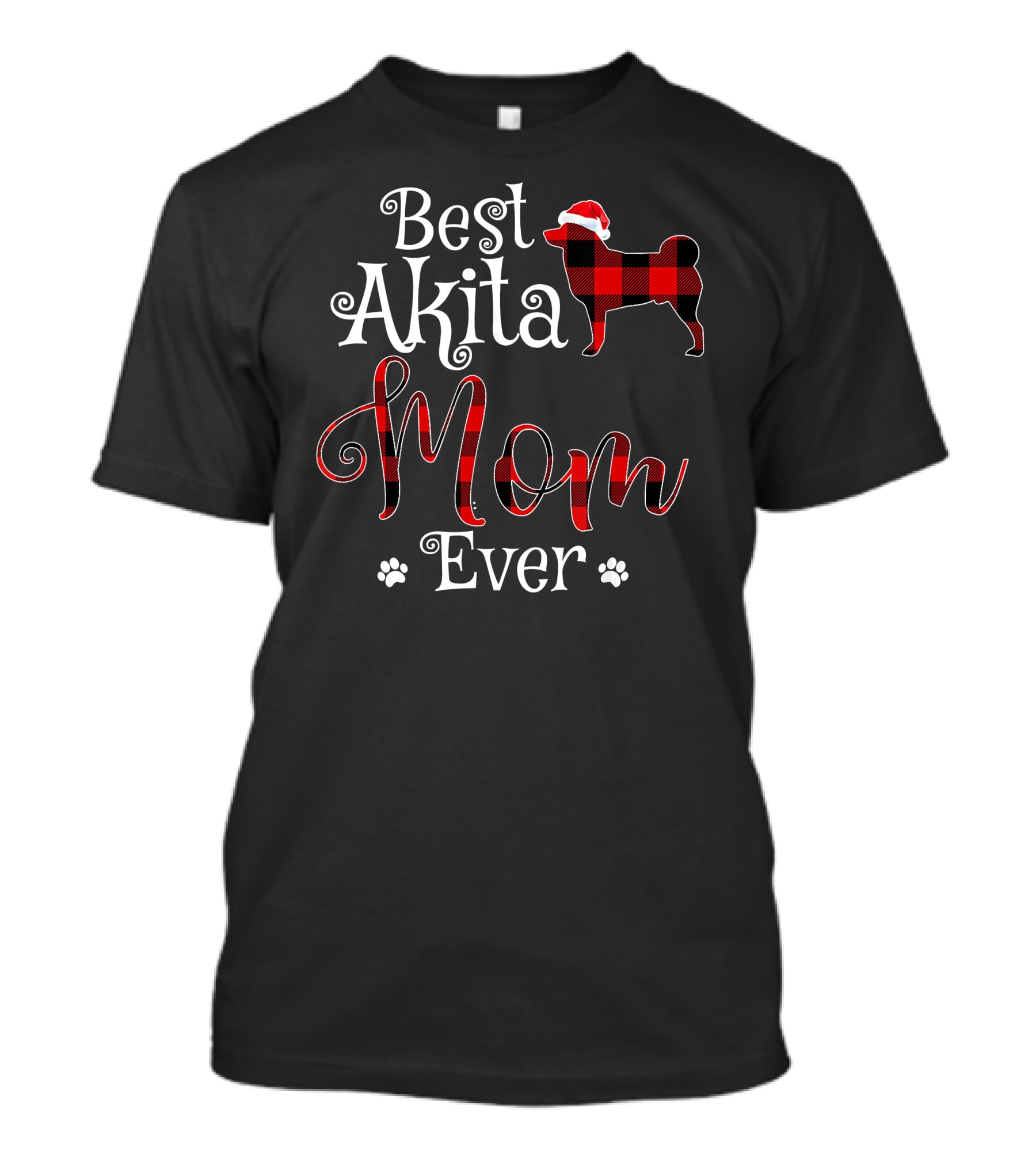 Best Akita Mom Ever Plaid Santa Hat And Paw Prints T-Shirt