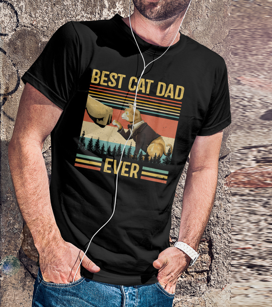 Best Cat Dad Ever Retro Paw Fist Bump Forest Stripes T-Shirt