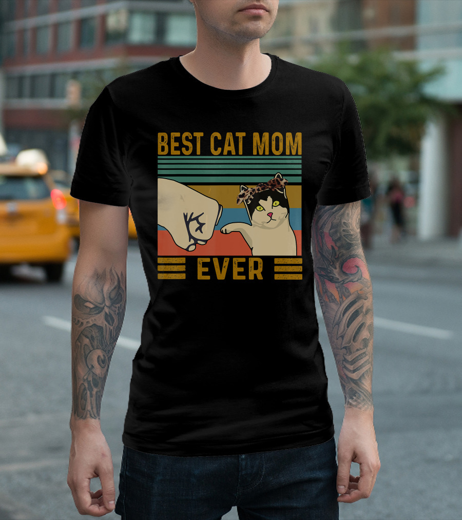 Best Cat Mom Ever Fist Bump Vintage Retro Cat with Headband T-Shirt