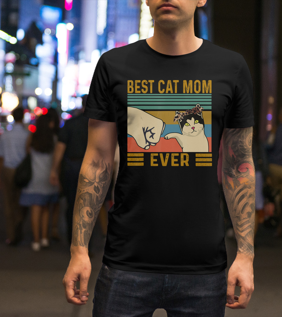 Best Cat Mom Ever Fist Bump Vintage Retro Cat With Headband T-Shirt