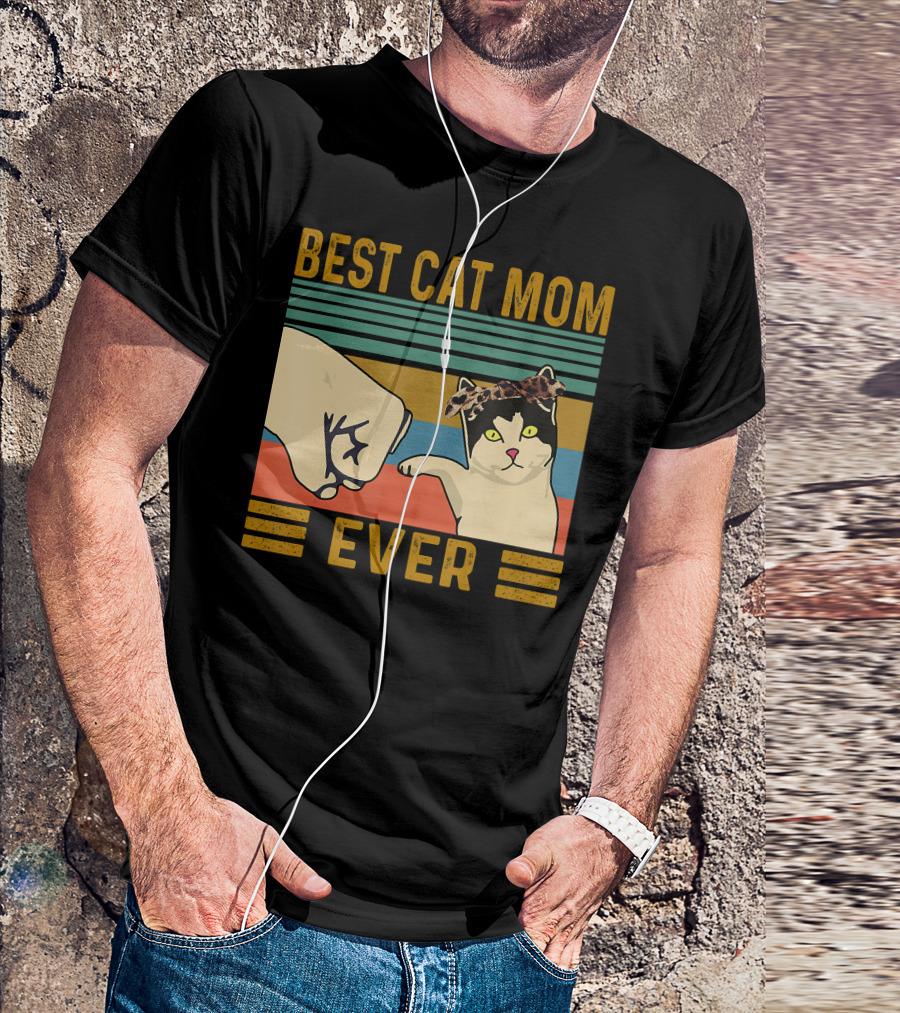 Best Cat Mom Ever Fist Bump Vintage Retro Cat With Headband T-Shirt