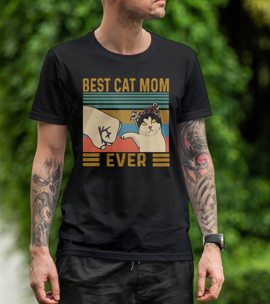 Best Cat Mom Ever Fist Bump Vintage Retro Cat With Headband T-Shirt
