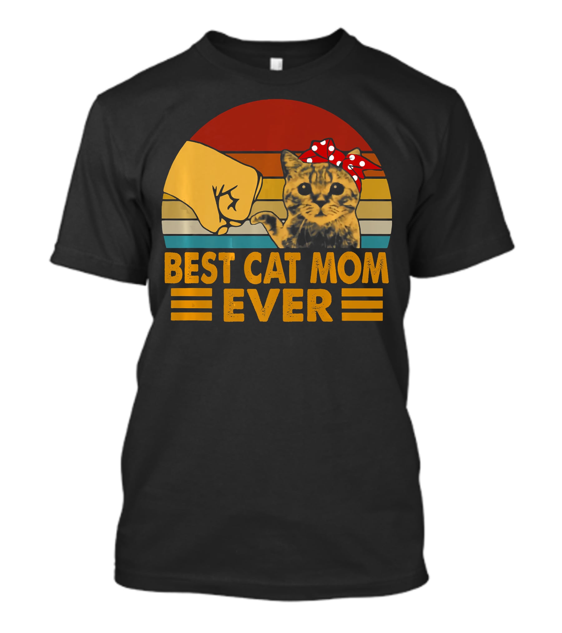 Best Cat Mom Ever Vintage Be Fist Bump Cat With Bow Retro Stripes T-Shirt