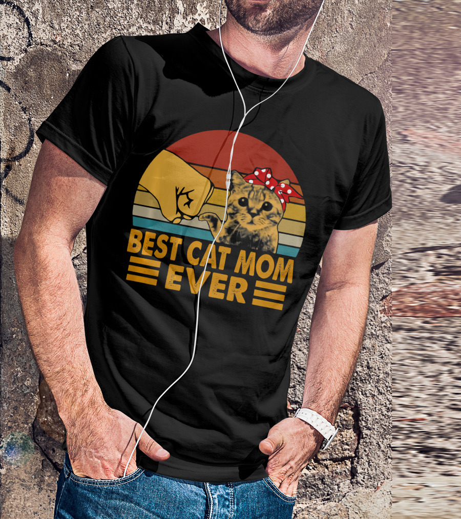 Best Cat Mom Ever Vintage Be Fist Bump Cat With Bow Retro Stripes T-Shirt