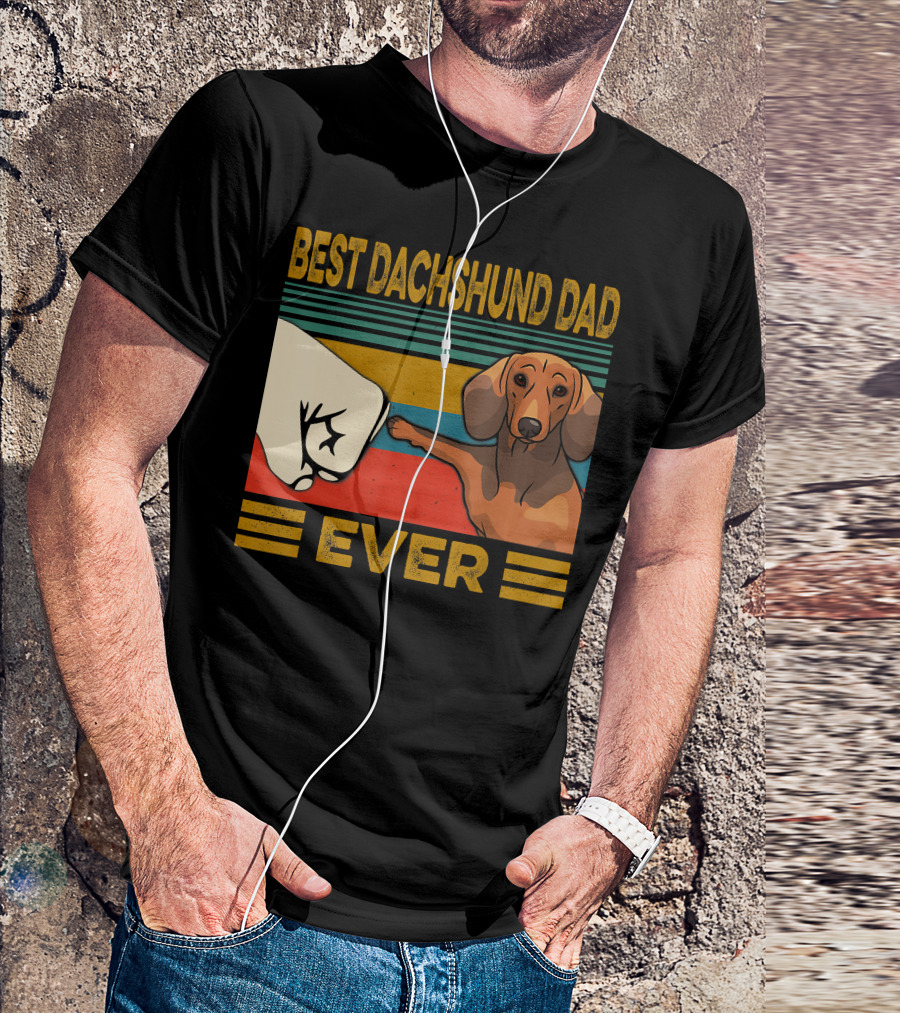 Best Dachshund Dad Ever Fist Bump Retro Stripes T-Shirt