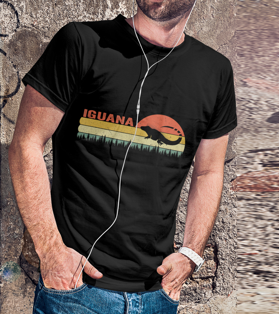 Iguana Silhouette Retro Sunset Forest Stripes T-Shirt