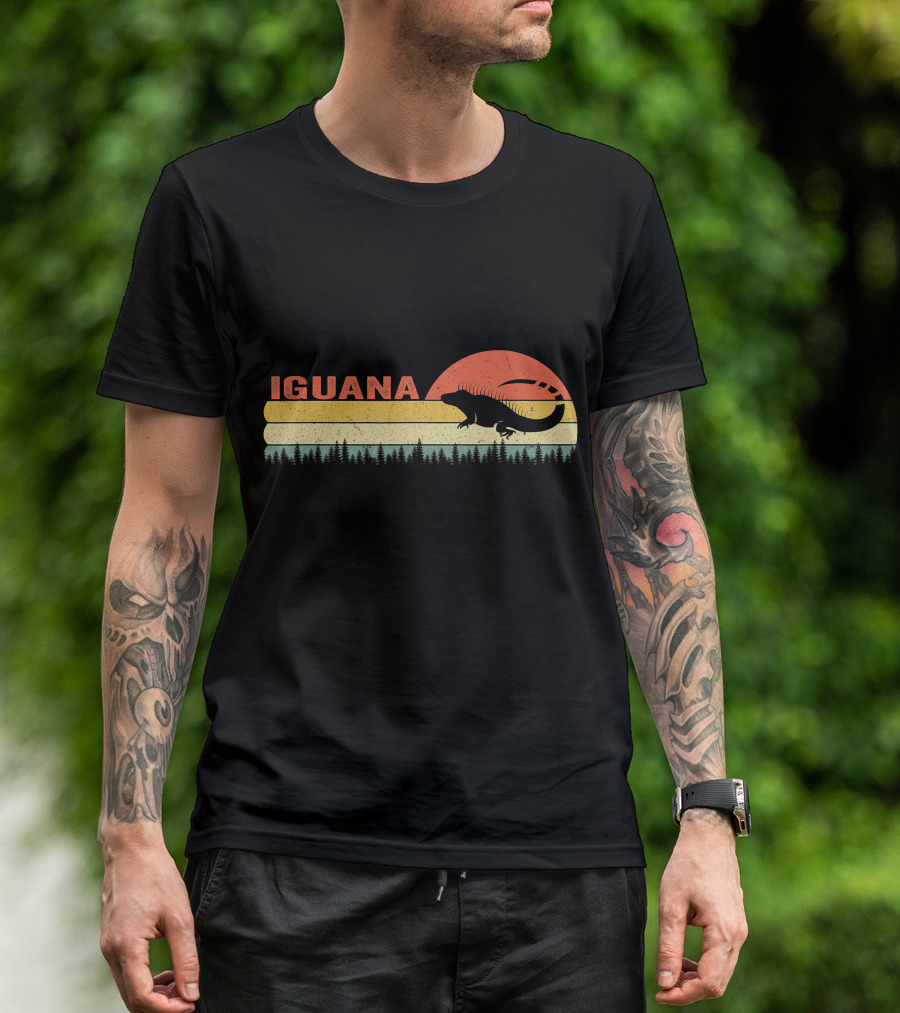 Iguana Silhouette Retro Sunset Forest Stripes T-Shirt