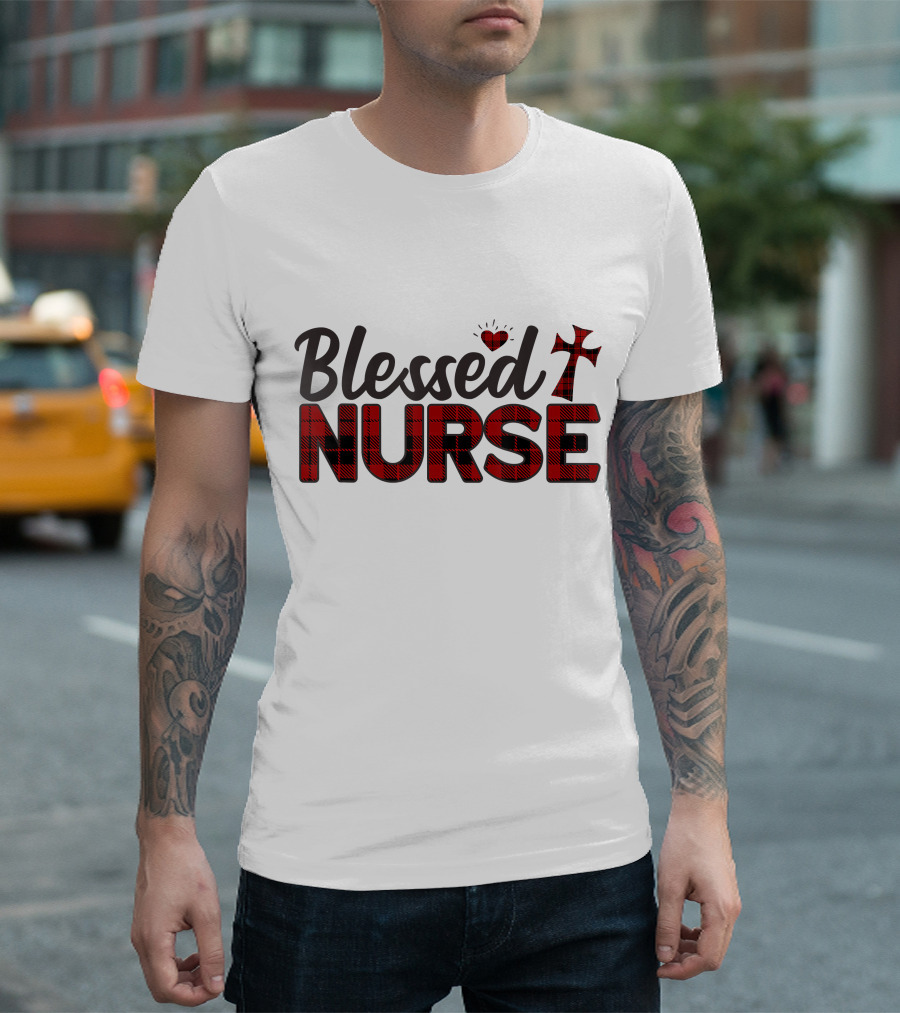 Blessed Nurse Plaid Heart Cross Christian T-Shirt