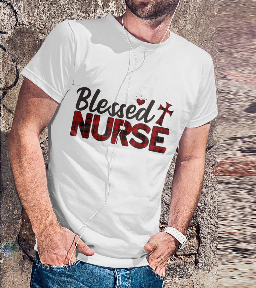 Blessed Nurse Plaid Heart Cross Christian T-Shirt