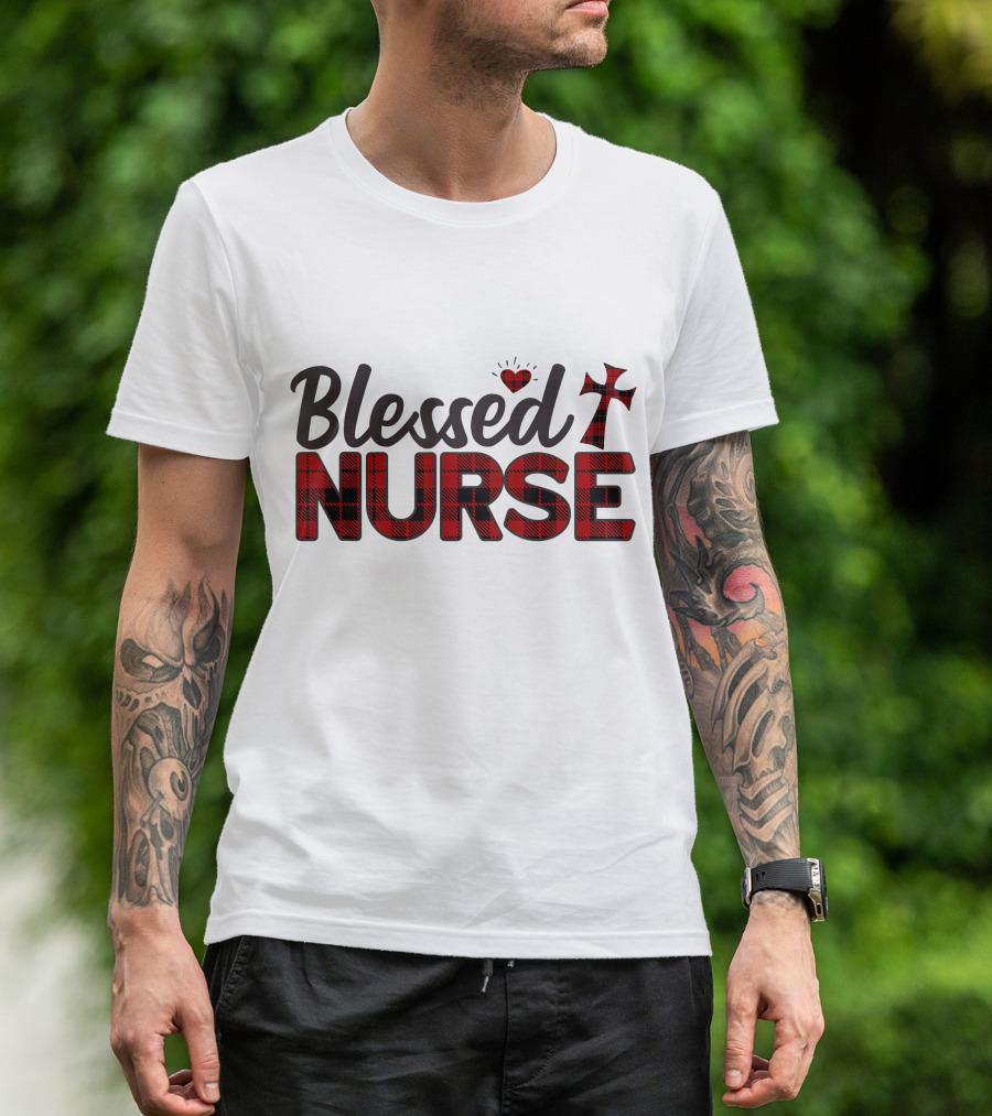Blessed Nurse Plaid Heart Cross Christian T-Shirt
