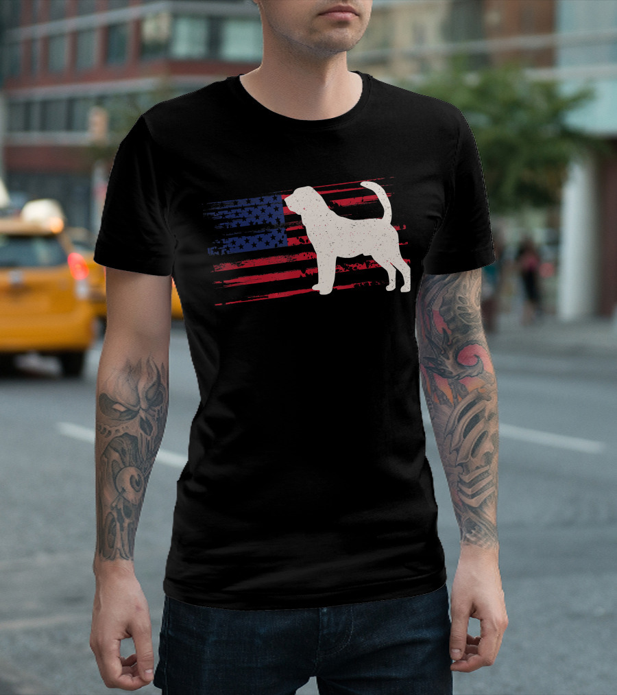 Bloodhound Puppy Silhouette With Distressed American Flag Background T-Shirt