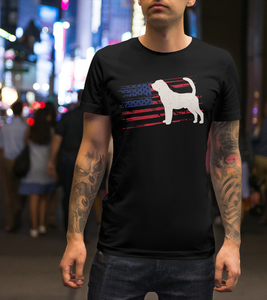 Bloodhound Puppy Silhouette With Distressed American Flag Background T-Shirt