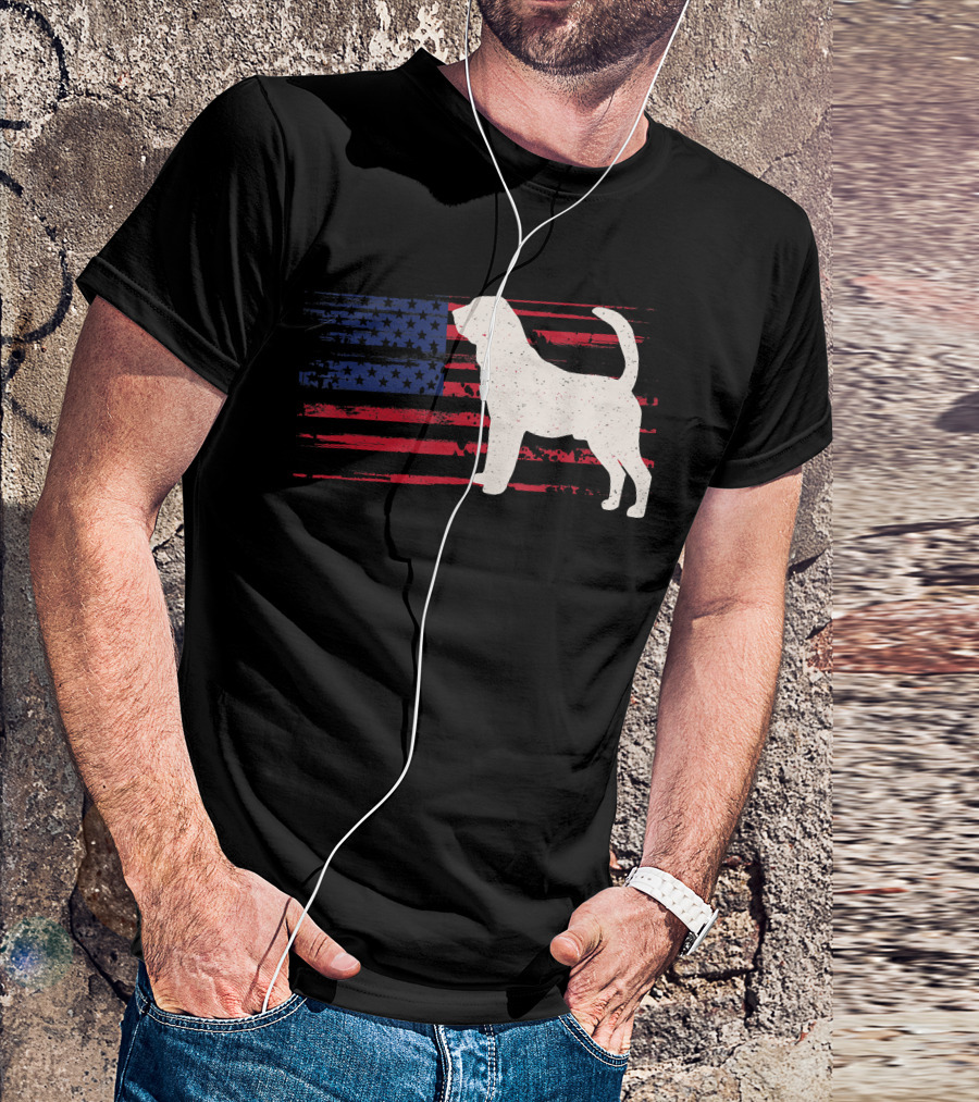 Bloodhound Puppy Silhouette With Distressed American Flag Background T-Shirt