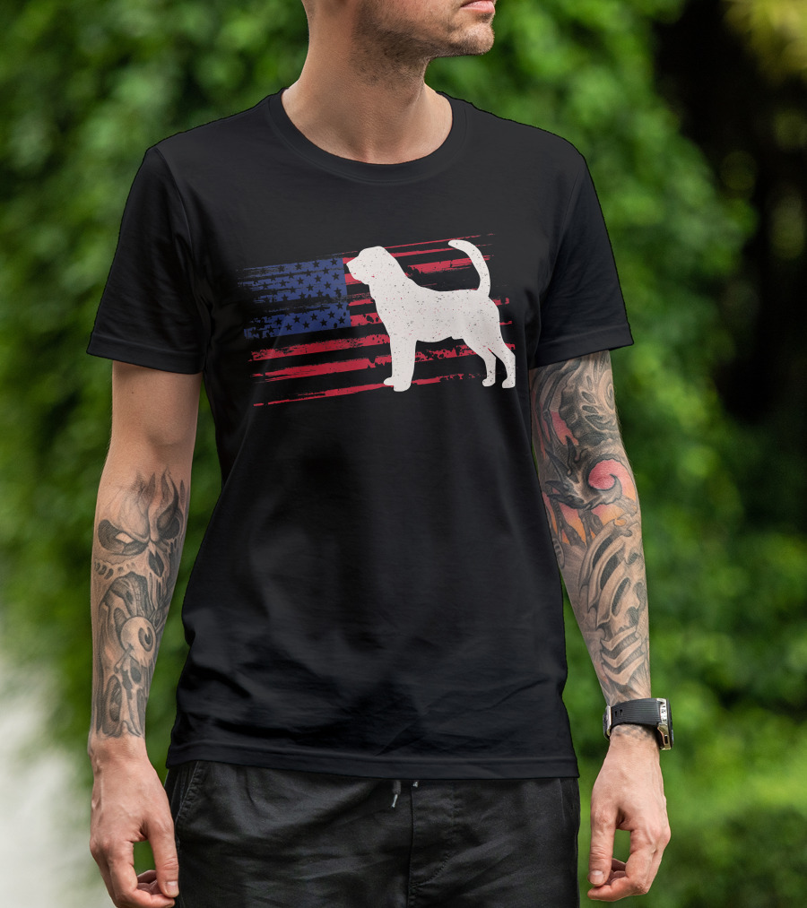 Bloodhound Puppy Silhouette With Distressed American Flag Background T-Shirt